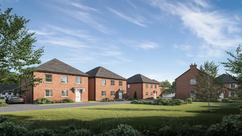 CGI of Mottisfont, a luxury countryside development in Houghton, Stockbridge, Hampshire, showcasing the exterior of six exclusive homes.