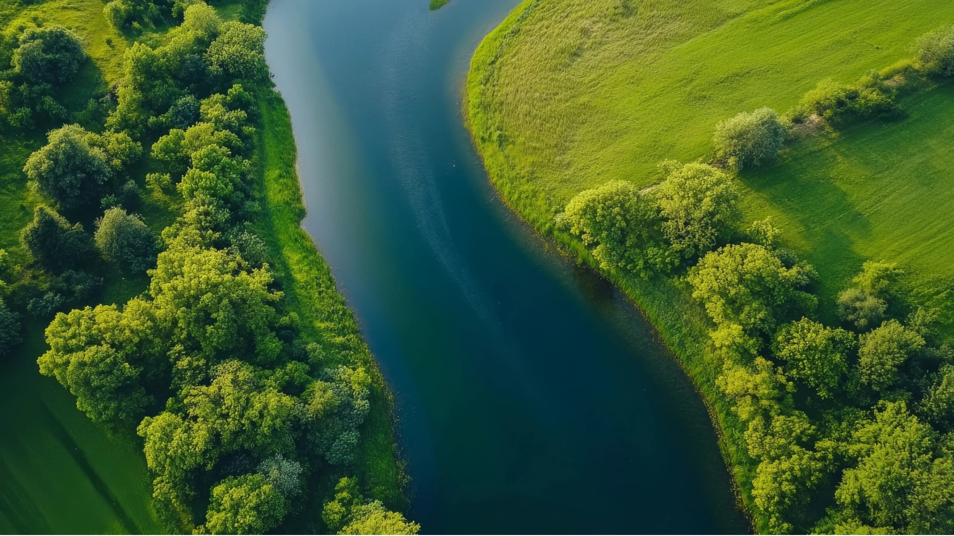 Aerial view of the River Test flowing through lush green countryside in Hampshire, showcasing the river's scenic beauty.