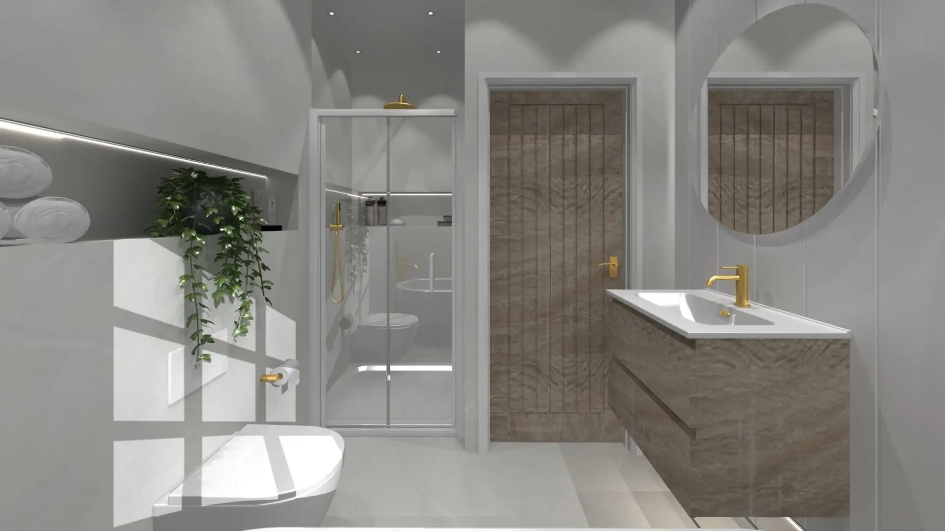 Design-focused CGI of family bathroom at Mottisfont countryside home in Test Valley Hampshire
